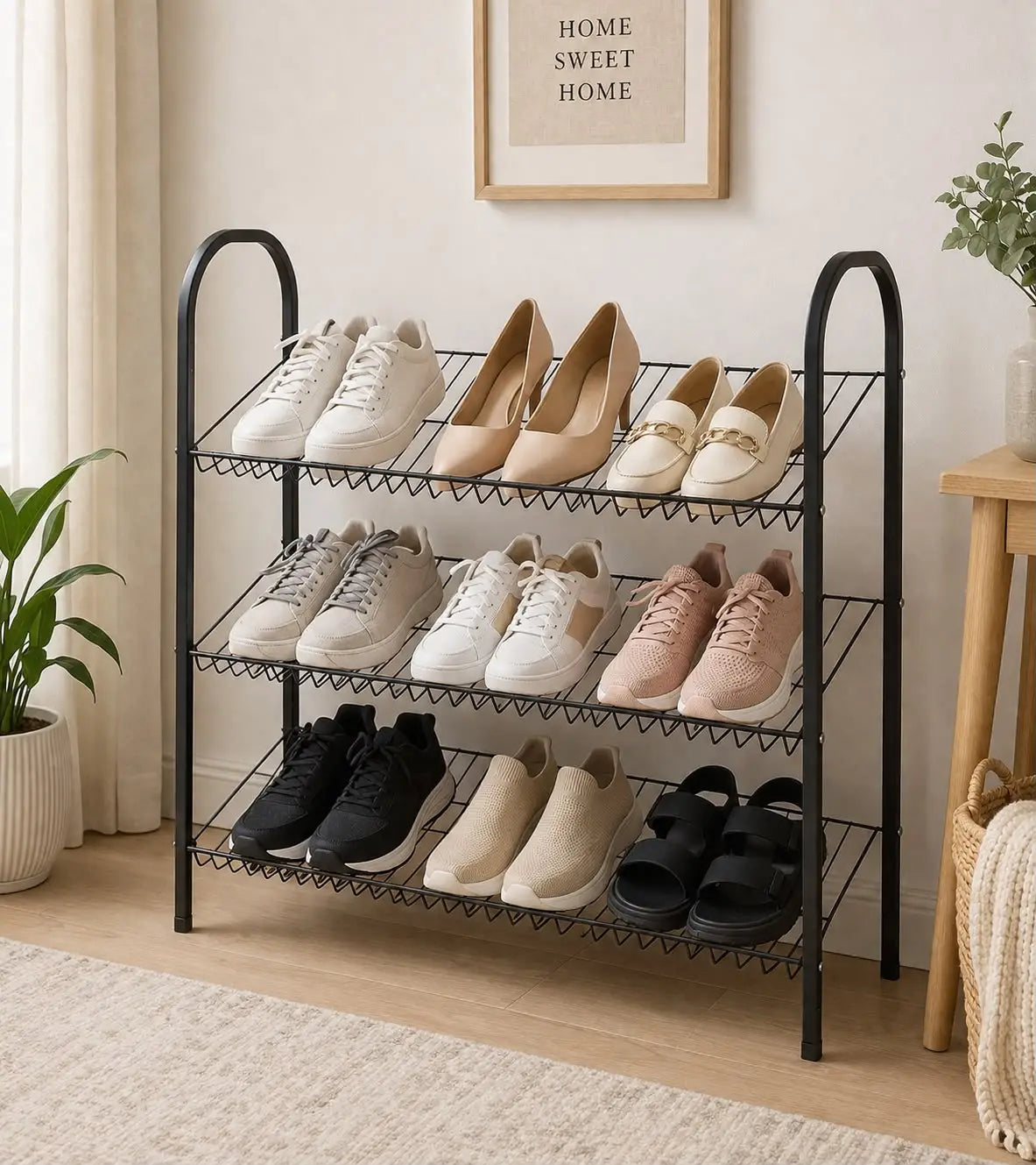 3-tier black metal shoe rack with three wire shelves holding shoes in a modern home entryway