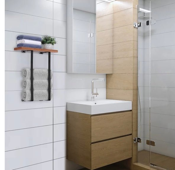 Stylish Wall - Mounted Metal Towel Rack with Wooden Shelf - Ideal Holder for Bath Towels, Hand Towels, and Washcloths - 62 Home Essentials