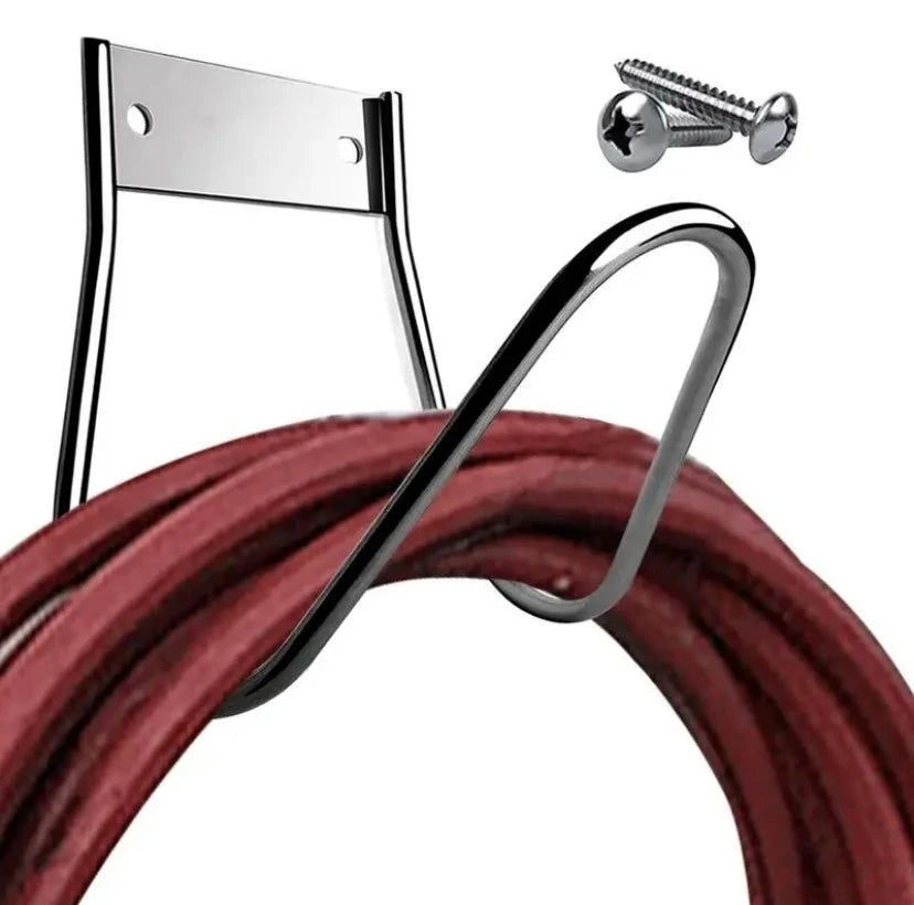 Metal wall hook with red coiled cable on a white background