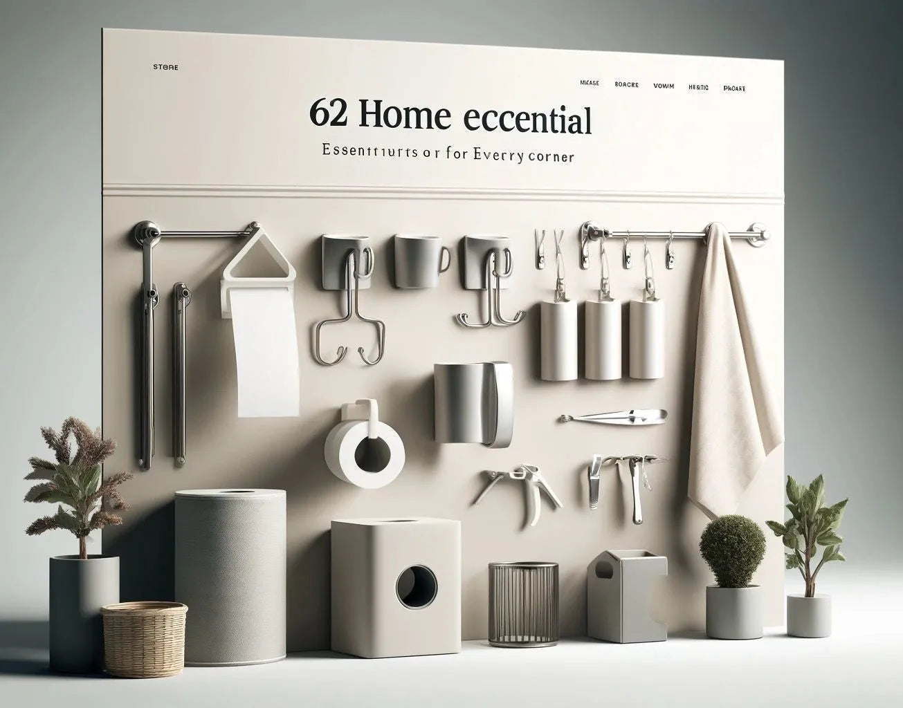 Wall with various home decor items and '62 Home Eccencial' branding.