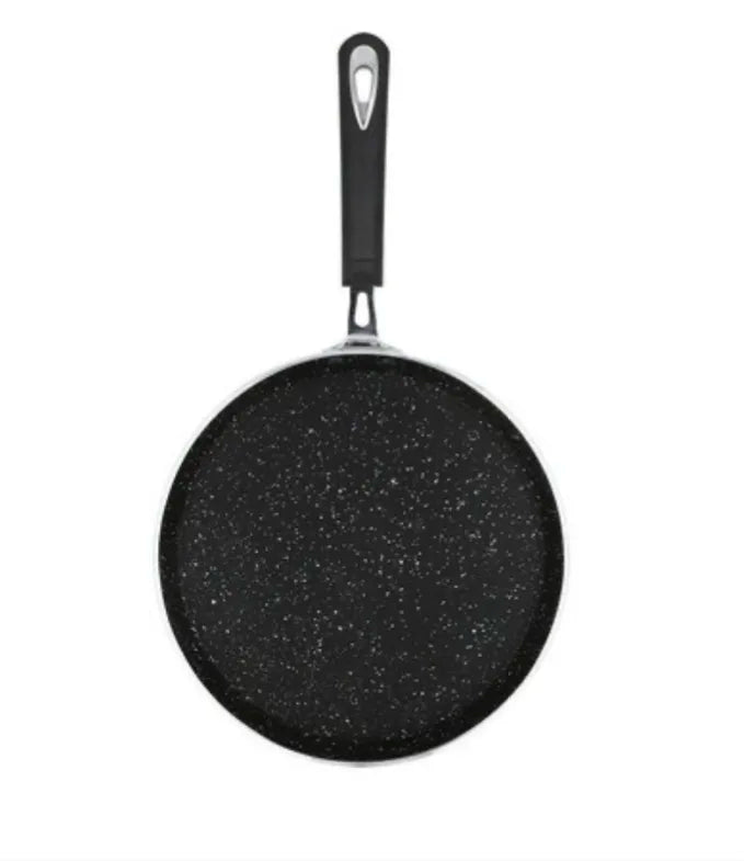 Black speckled frying pan on a white background