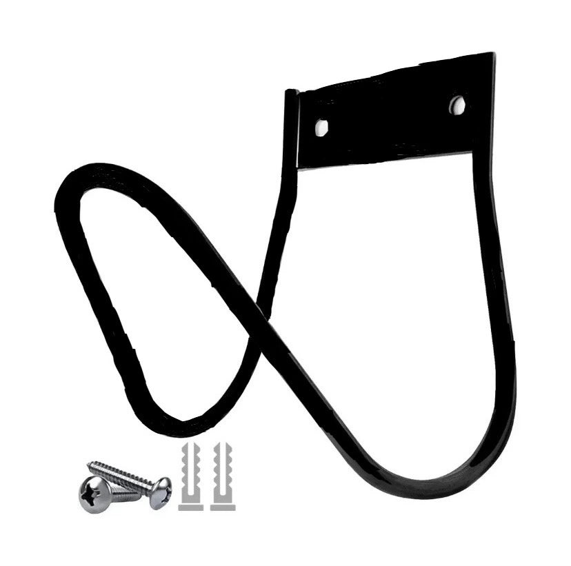 Black metal bracket with a strap and screws on a white background