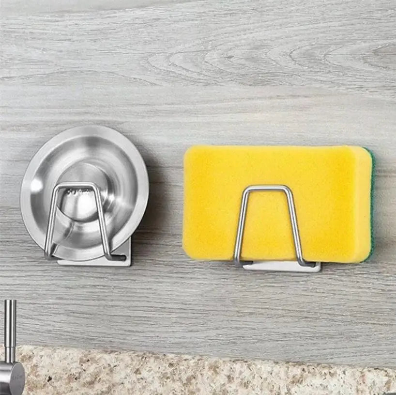 Yellow sponge with holder on a gray countertop