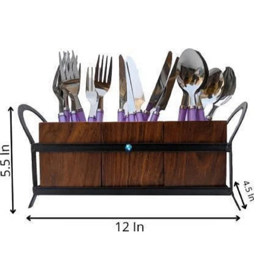Wooden cutlery holder with utensils and dimensions on a white background