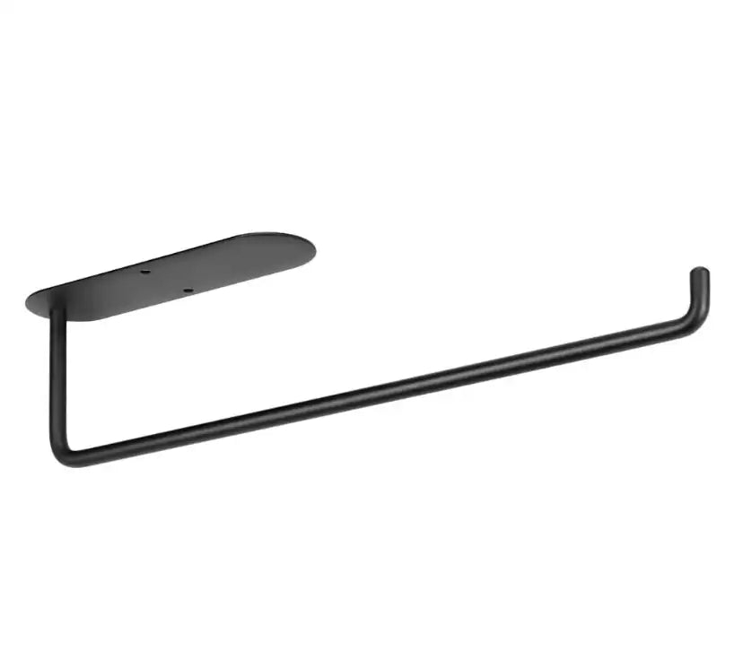 Black metal towel rack on a white background