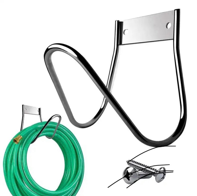 Heavy-duty wall-mounted garden hose holder for organized outdoor storage.