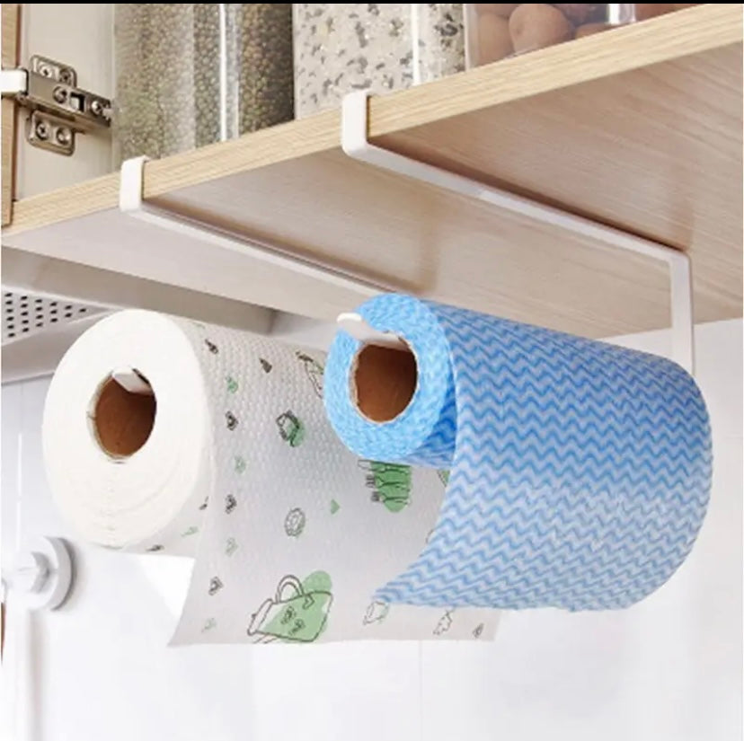 No-drill under cabinet paper towel holder, punch-free and durable sliding tissue hanger for paper rolls.