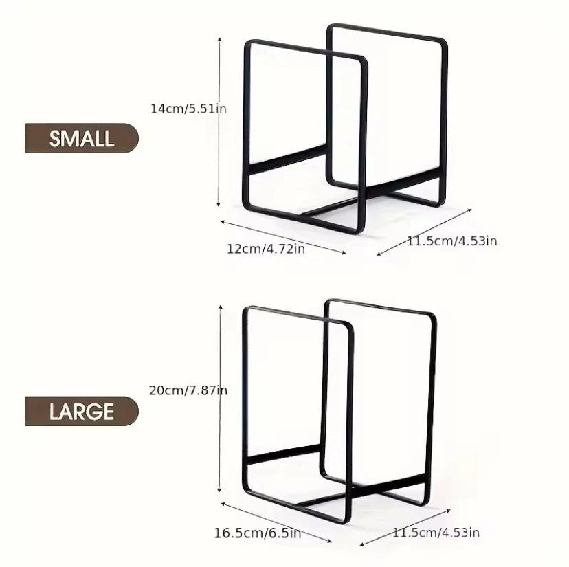 Dimensions of small and large black metal bookends on a white background