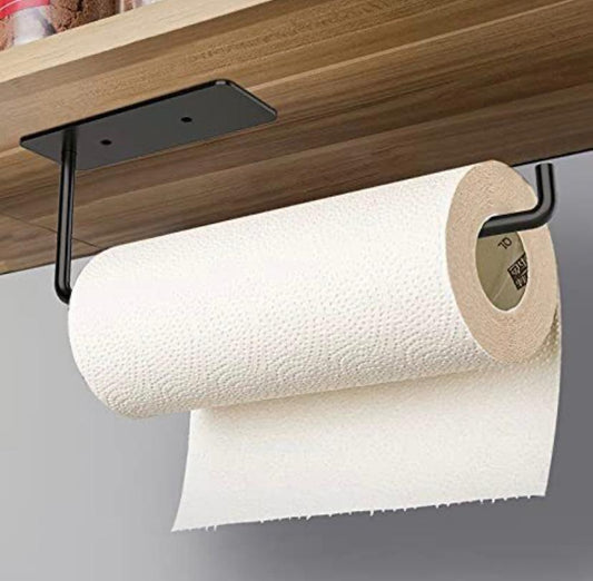 Under cabinet tissue holder and towel hanger for kitchen and bath, tissue roll storage dispenser.