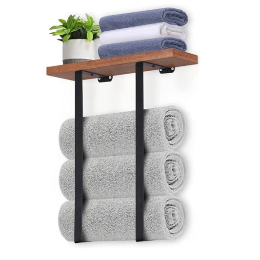 Stylish wall-mounted metal towel rack with wooden shelf, perfect for holding bath towels, hand towels, and washcloths.